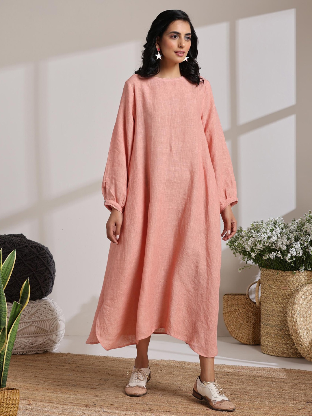 

VASSTRAM Bishop Sleeves Linen A-Line Midi Dress, Peach