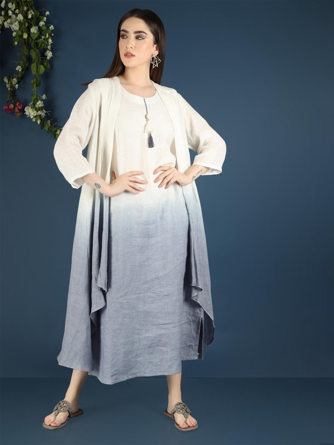 

VASSTRAM Flared Sleeve Linen A-Line Midi Dress, Off white
