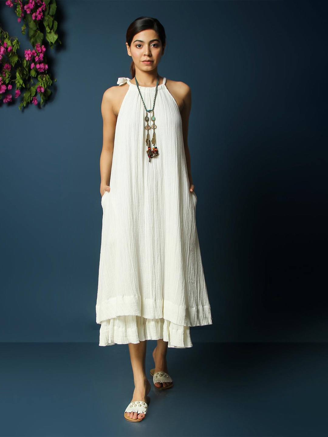 

VASSTRAM Shoulder Straps Layered Cotton A-Line Midi Dress, Off white