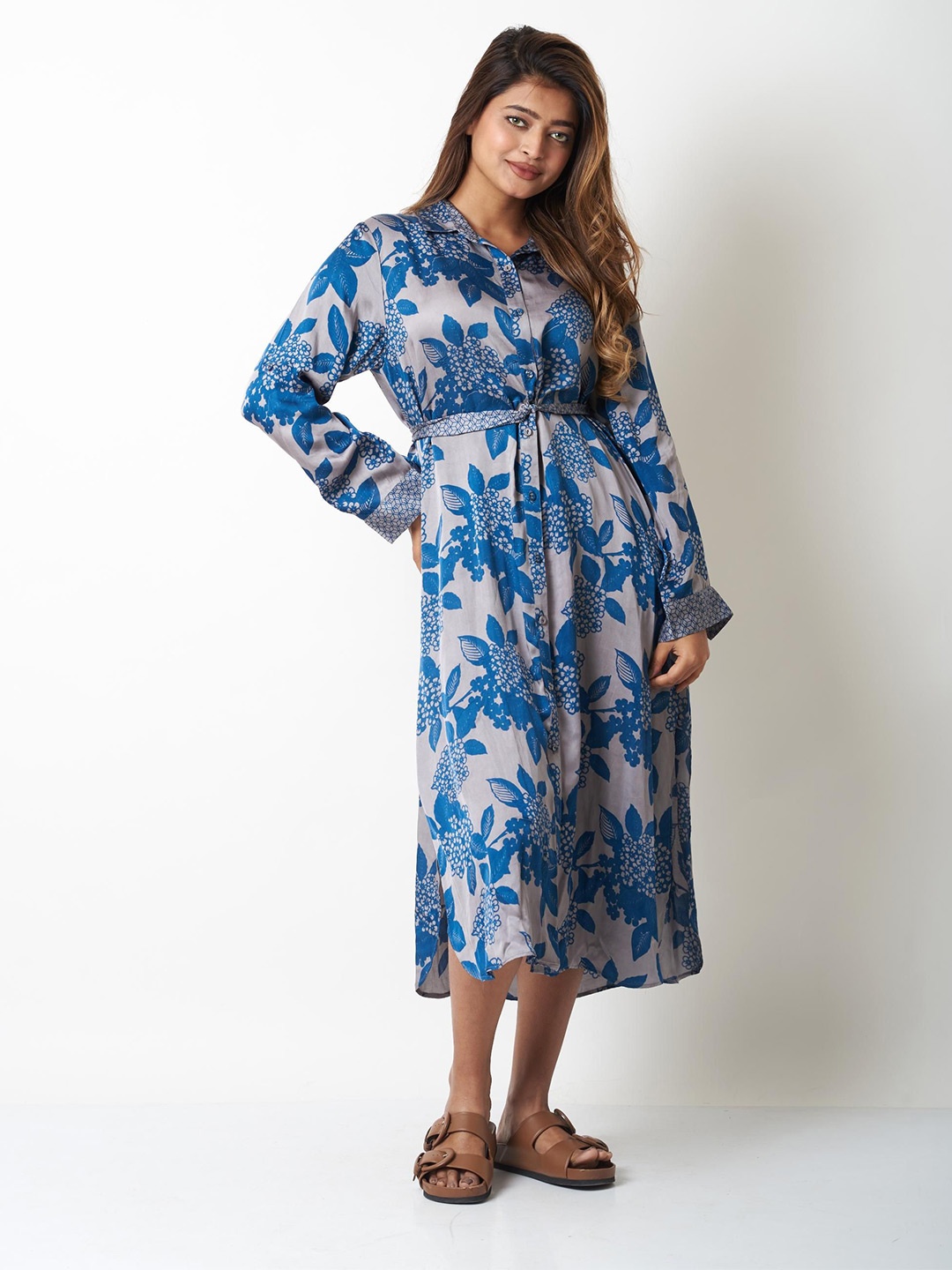 

VASSTRAM Floral Printed Cuffed Sleeves Satin Shirt Midi Dress, Grey