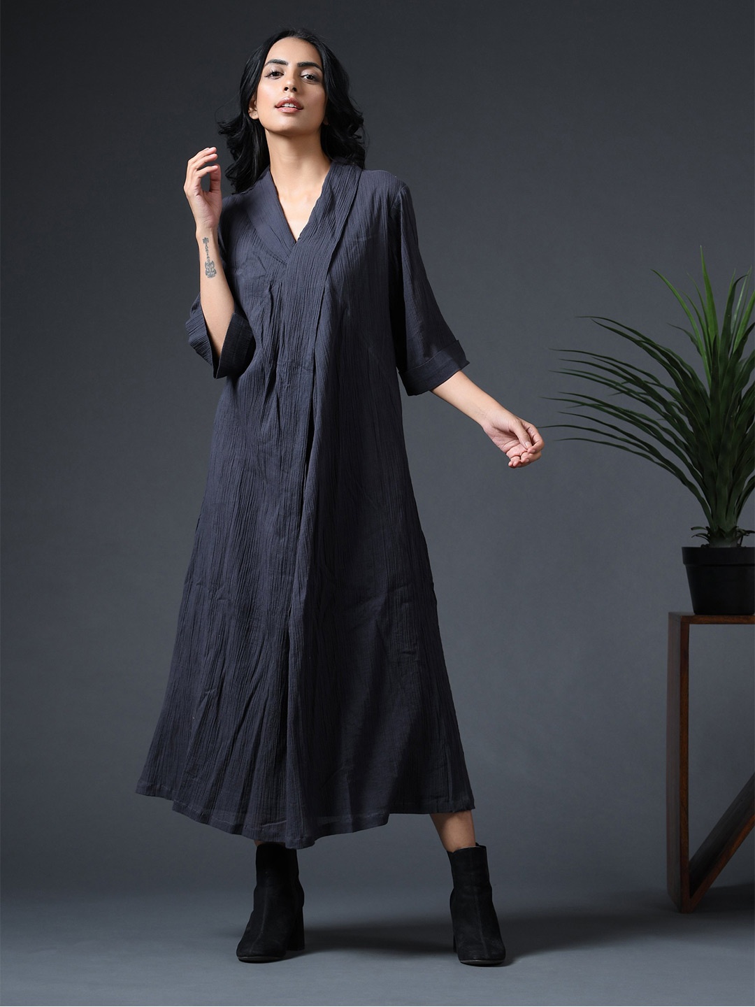 

VASSTRAM V Neck Cotton Wrap Maxi Dress, Charcoal