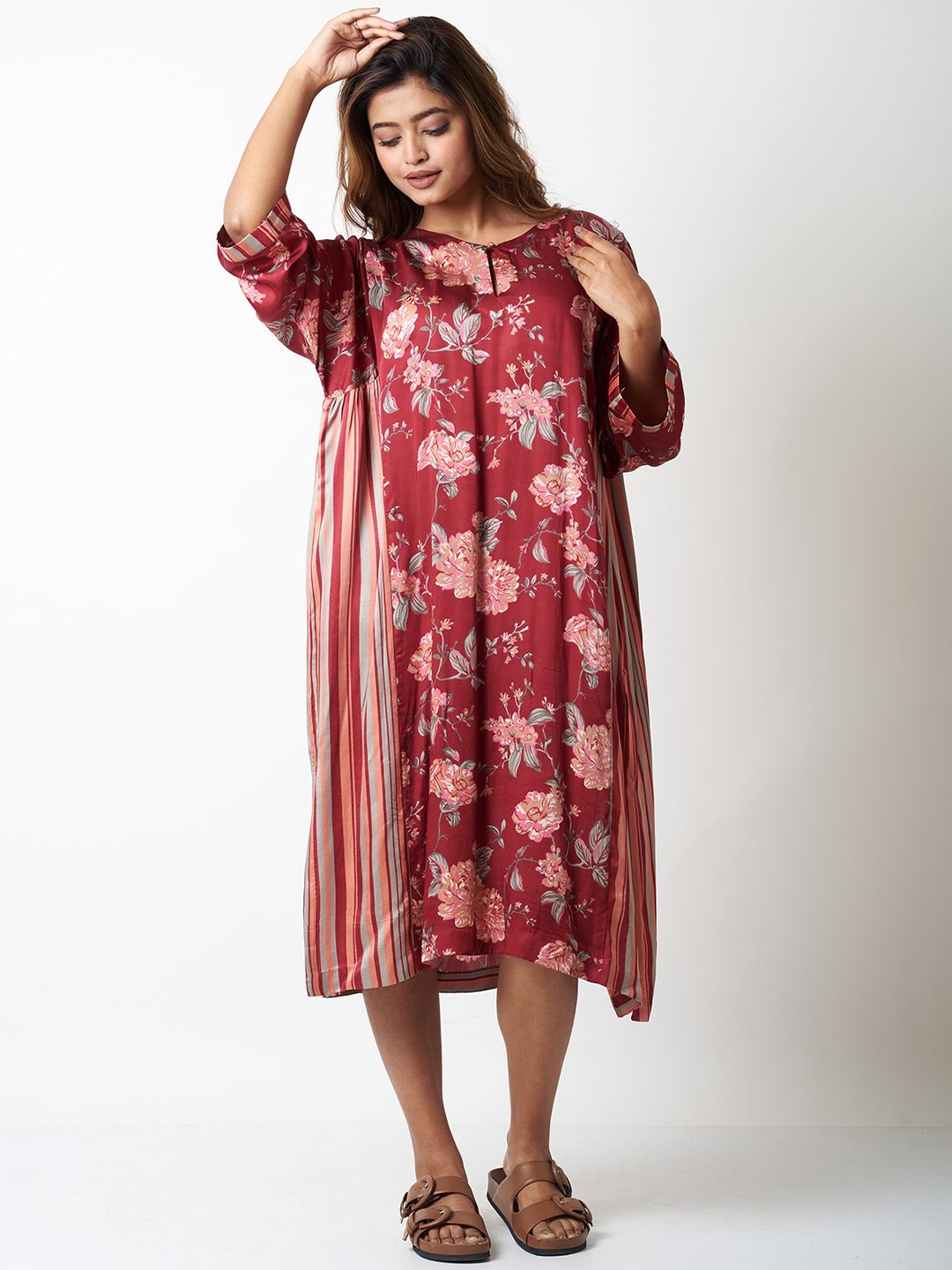 

VASSTRAM Floral Print Satin Fit & Flare Dress, Maroon