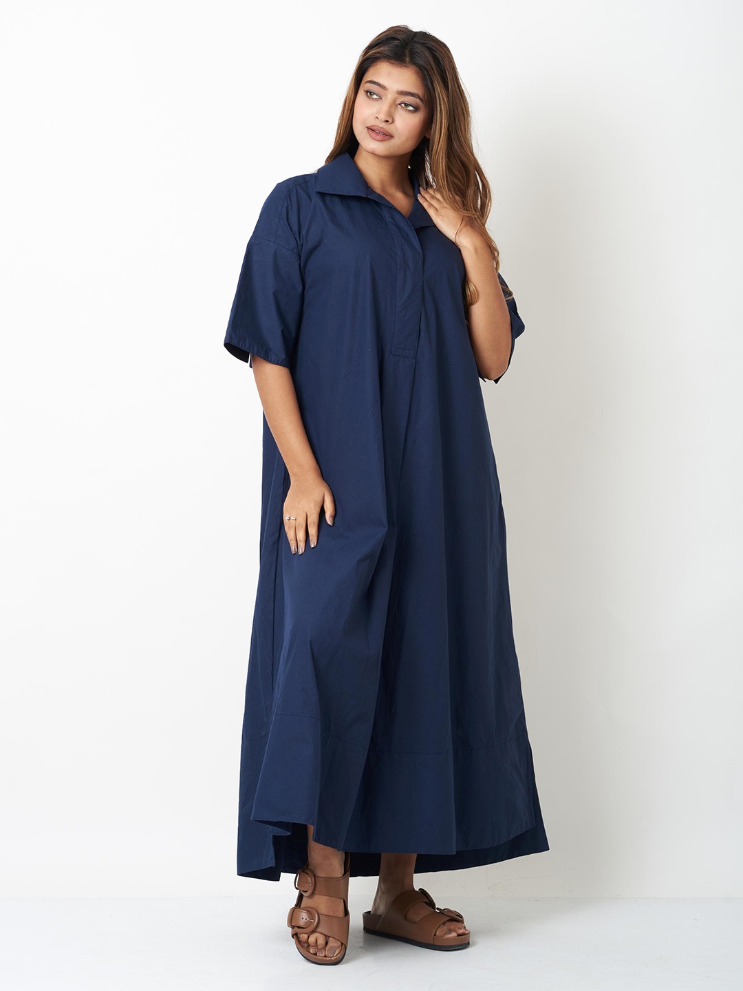 

VASSTRAM Roll-Up Sleeves Cotton Shirt Maxi Dress, Navy blue