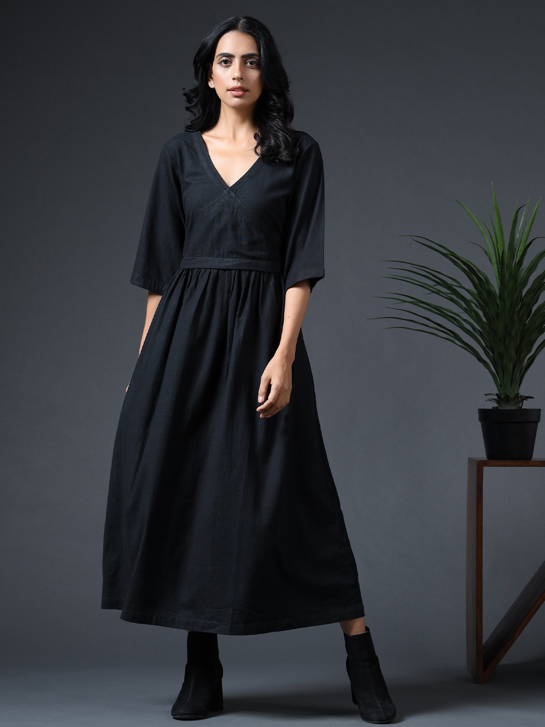 

VASSTRAM V-Neck Gathered Cotton Fit & Flare Midi Dress, Black