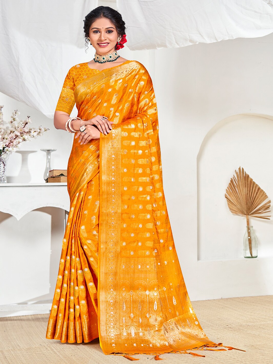 

SANGAM PRINTS Woven Design Zari Silk Blend Tussar Saree, Yellow