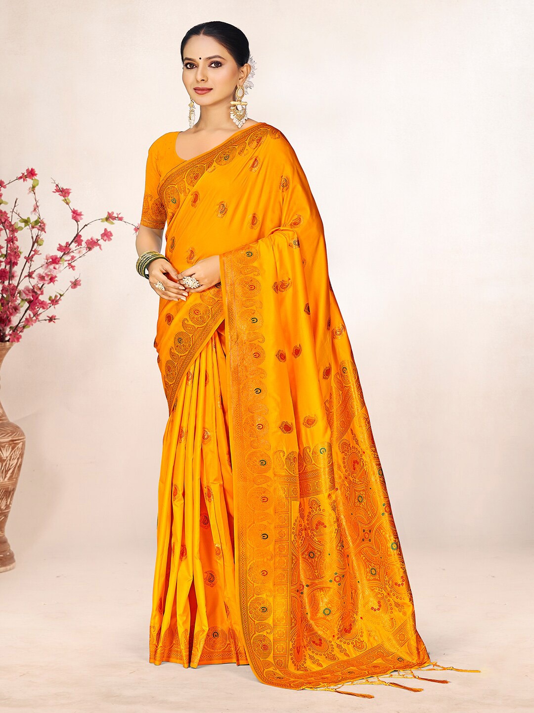 

SANGAM PRINTS Woven Design Zari Silk Blend Tussar Saree, Yellow