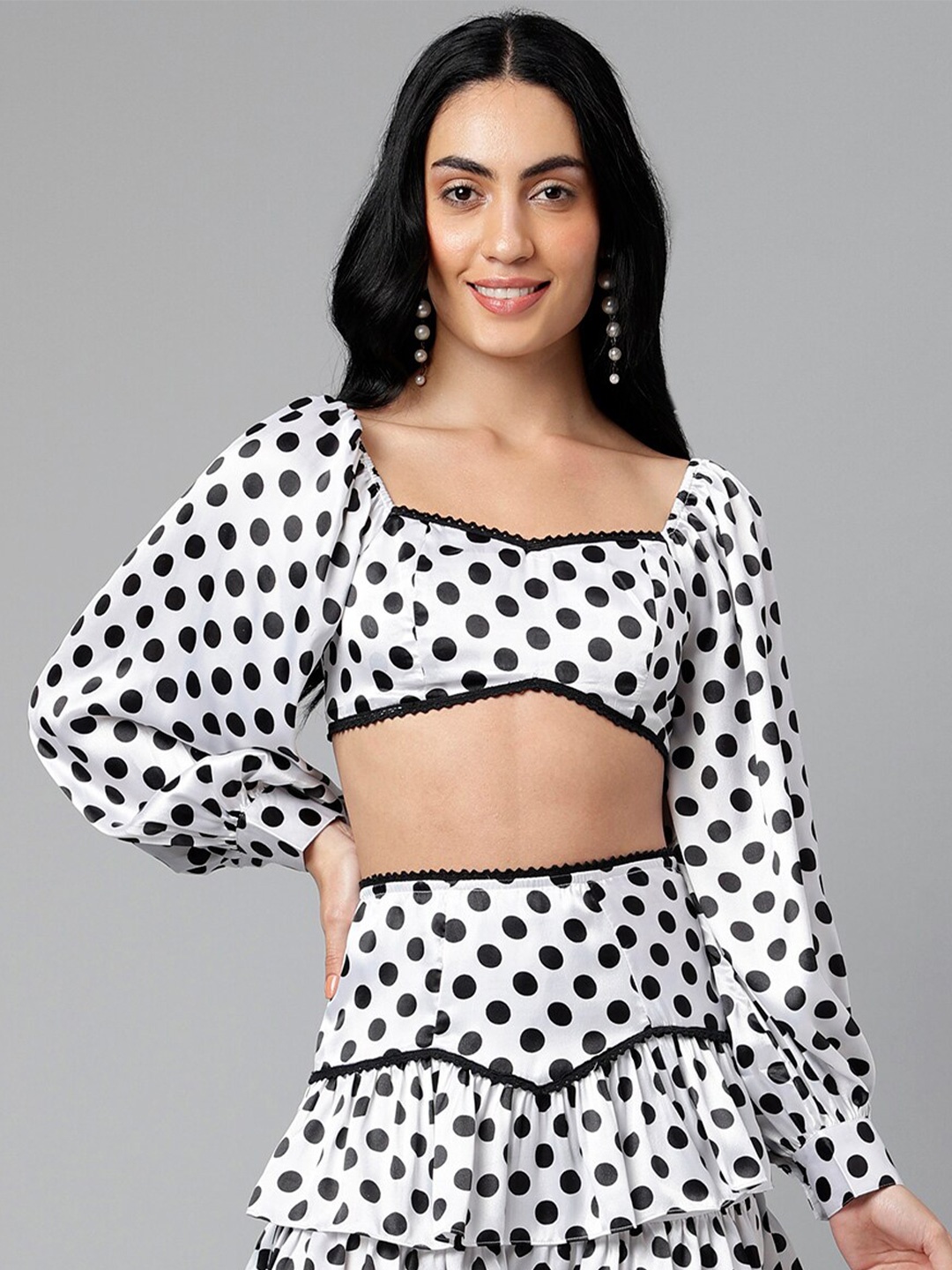 

I Love She Polka Dot Print Puff Sleeve Crop Top, White