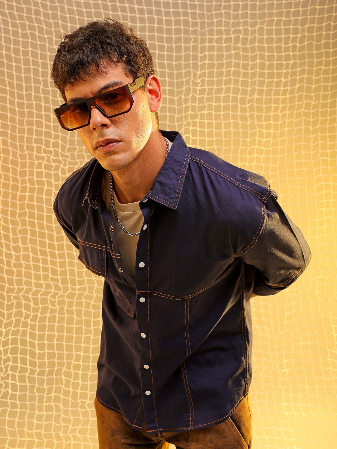 

The Indian Garage Co Spread Collar Long Sleeves Cotton Casual Shirt, Navy blue