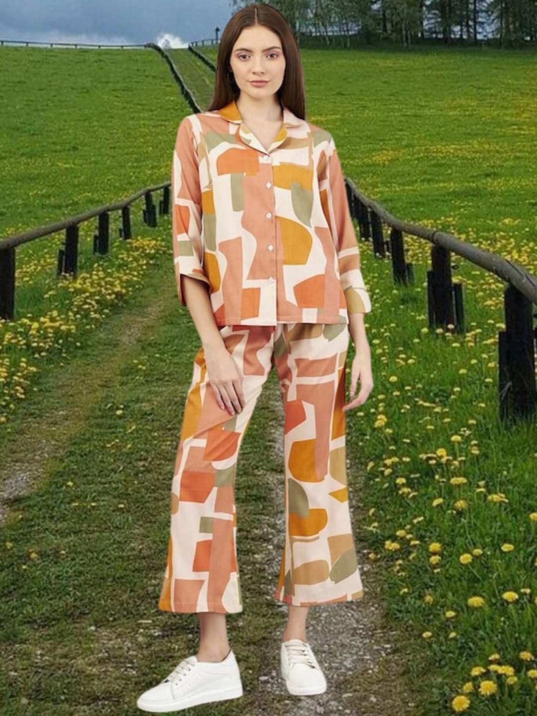 

BAESD Abstract Printed Three Quarter Sleeve Shirt & Trouser Co-Ords, Orange