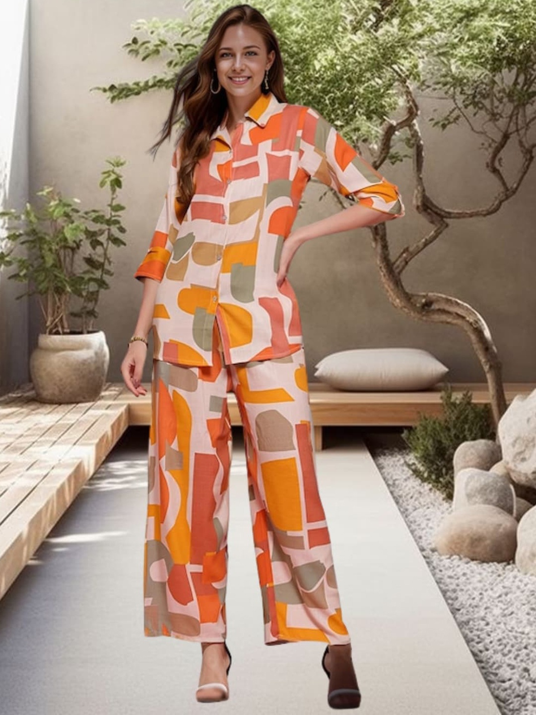 

BAESD Abstract Printed Loose-Fit Pure Cotton Shirt & Palazzos Co-Ord, Pink