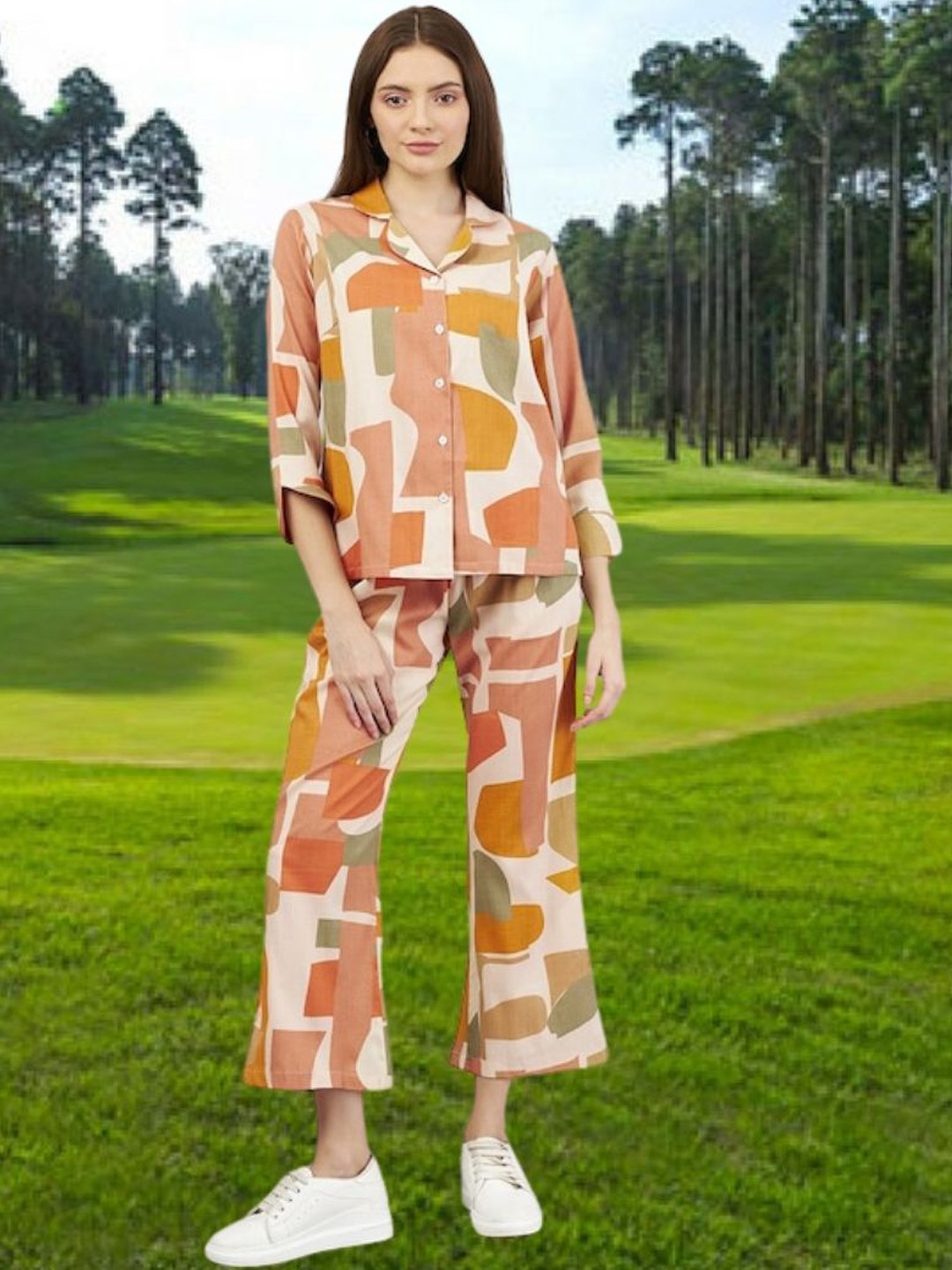 

BAESD Printed Collar Neck Shirt With Flared Palazzos Co-Ords, Pink