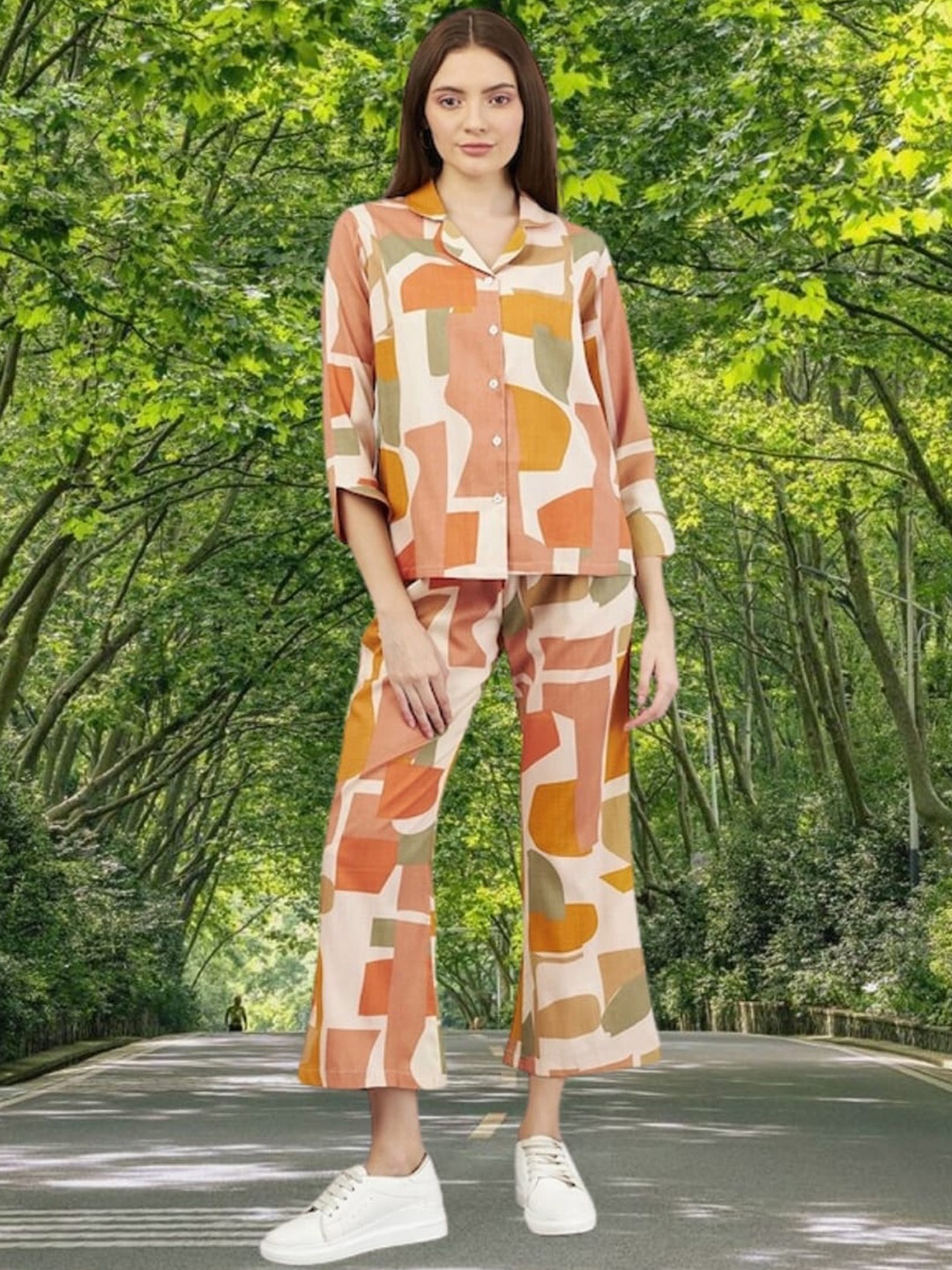 

BAESD Printed Collar Neck Shirt With Flared Palazzos Co-Ords, Pink