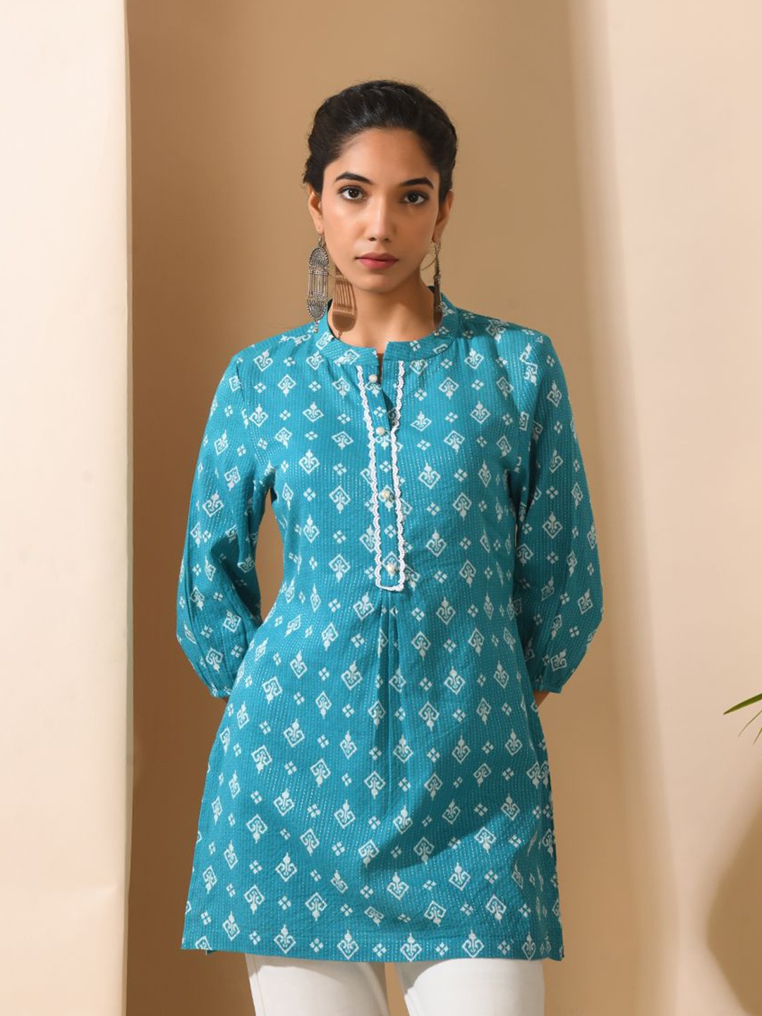 

MEESAN Mandarin Collar Printed Ethnic Tunic, Blue