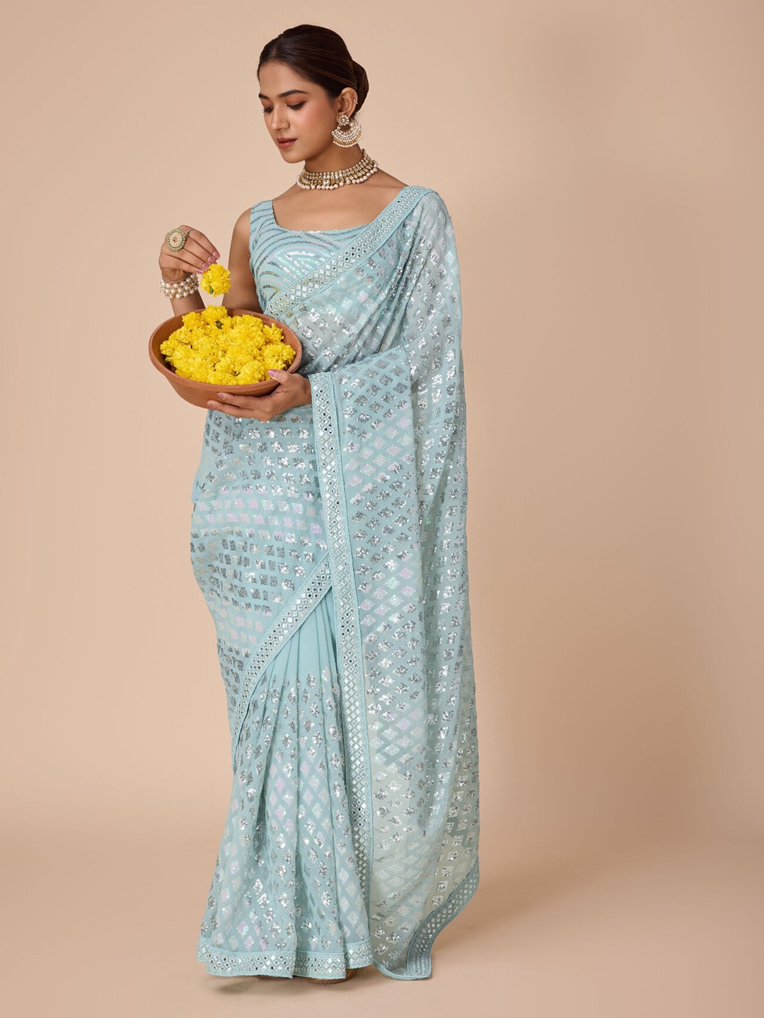 

House of Pataudi Embroidered Saree With Blouse Piece, Blue