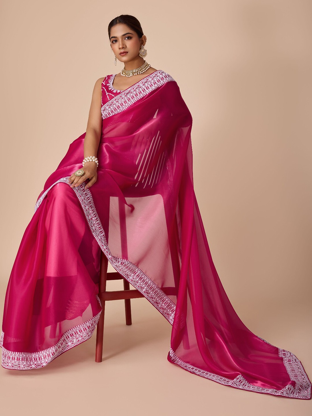 

House of Pataudi Women Embroidered Poly Silk Party Saree With Blouse Piece, Pink