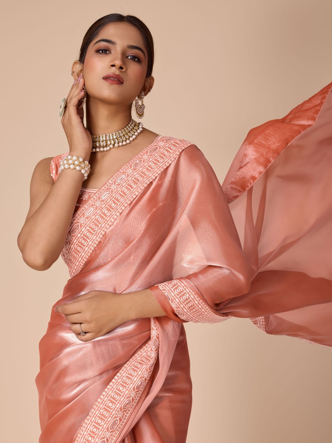 

House of Pataudi Embroidered Poly Silk Saree With Blouse Piece, Peach