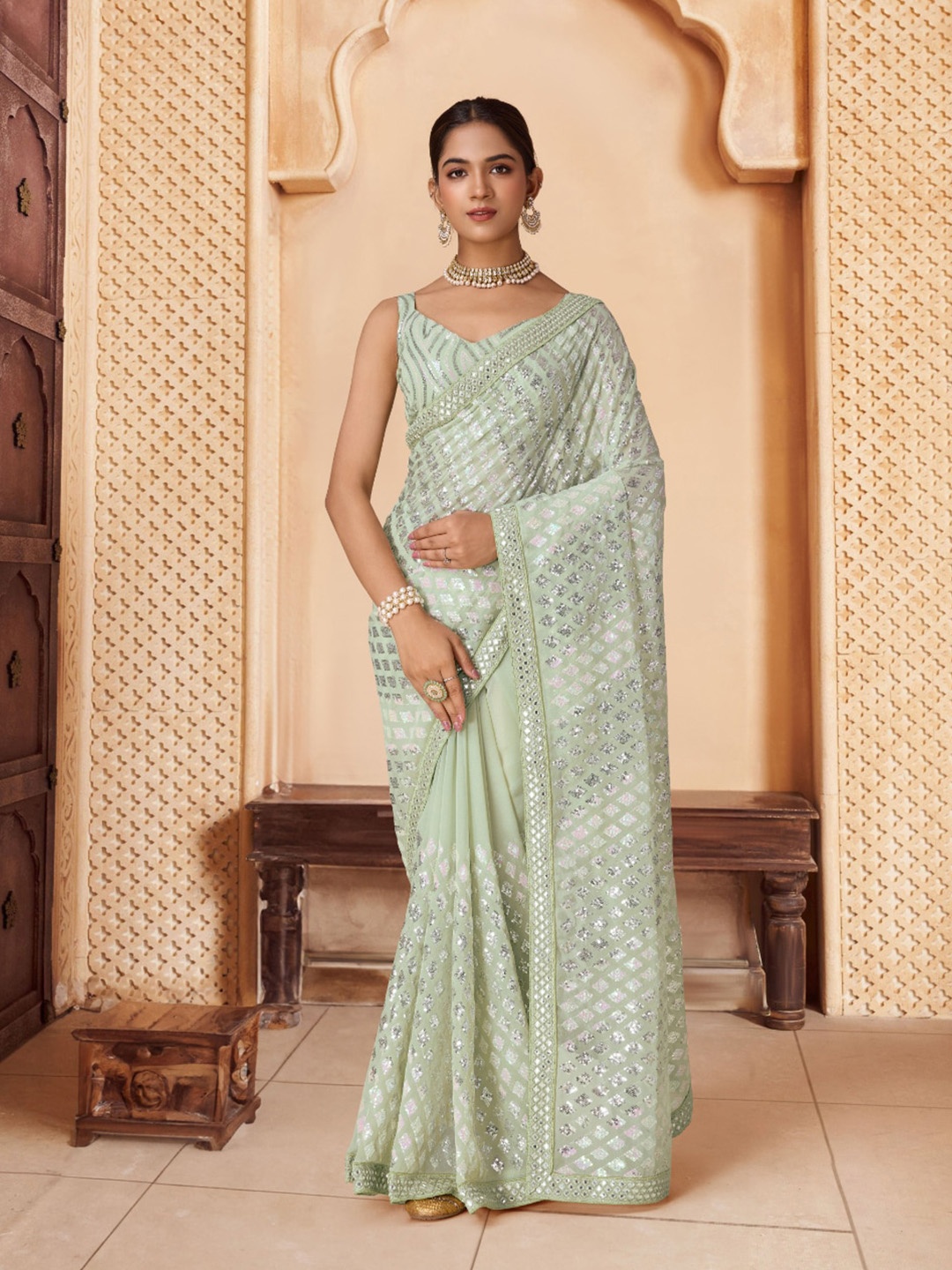 

House of Pataudi Embroidered Saree With Blouse Piece, Olive