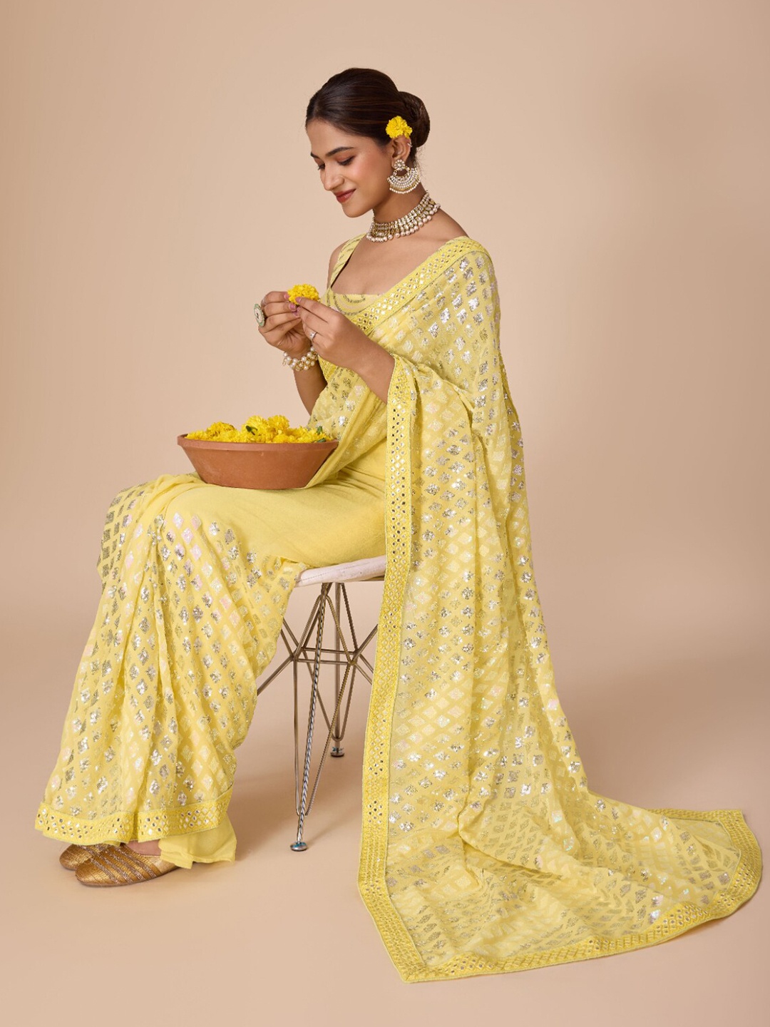 

House of Pataudi Women Embroidered Saree With Blouse Piece, Yellow