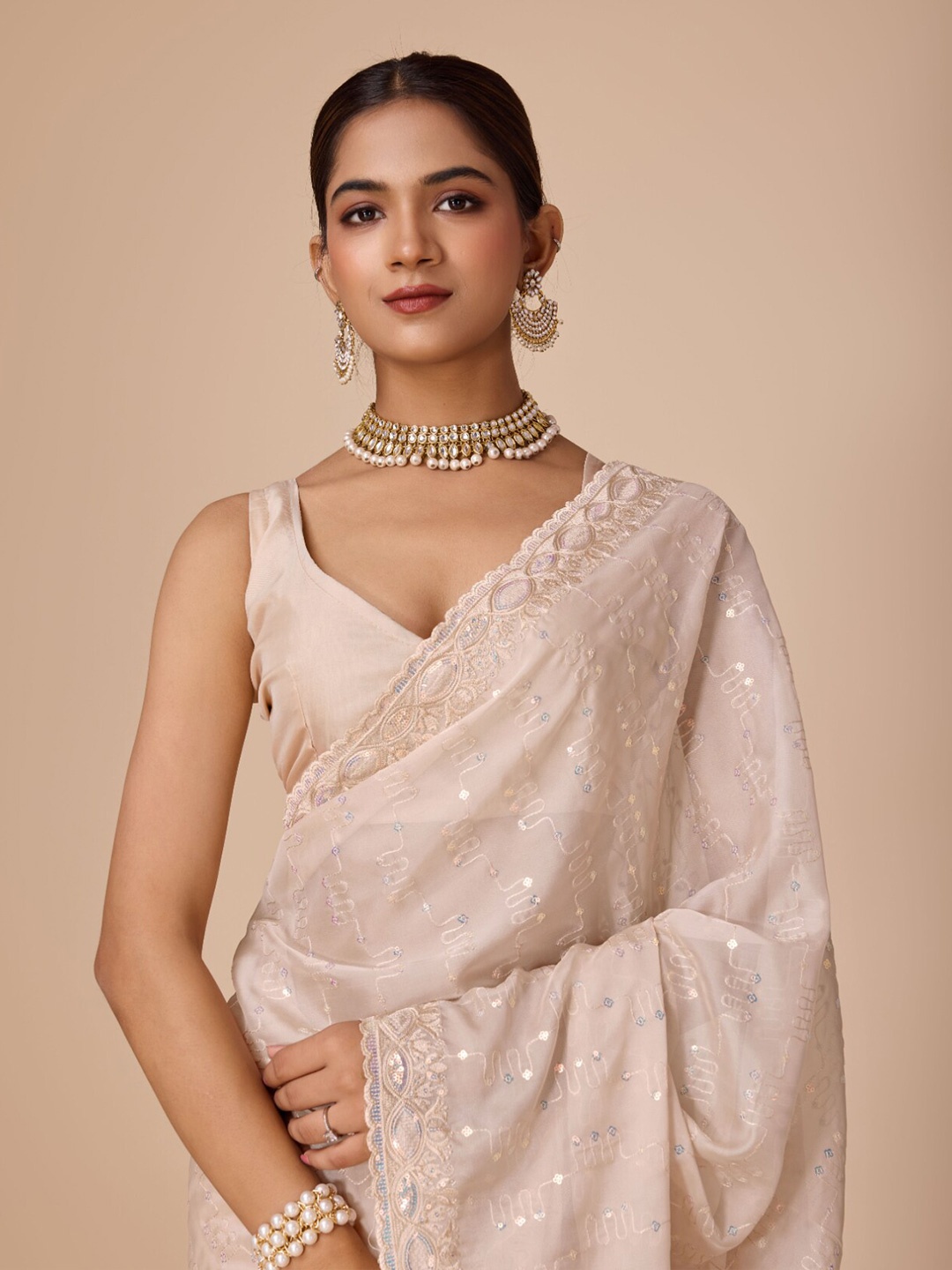 

House of Pataudi Embroidered Saree With Blouse, Cream