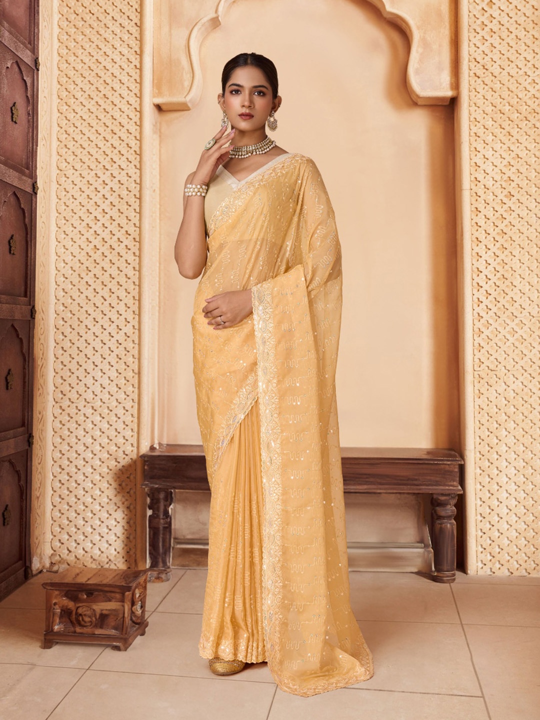 

House of Pataudi Embroidered Saree With Blouse Piece, Yellow