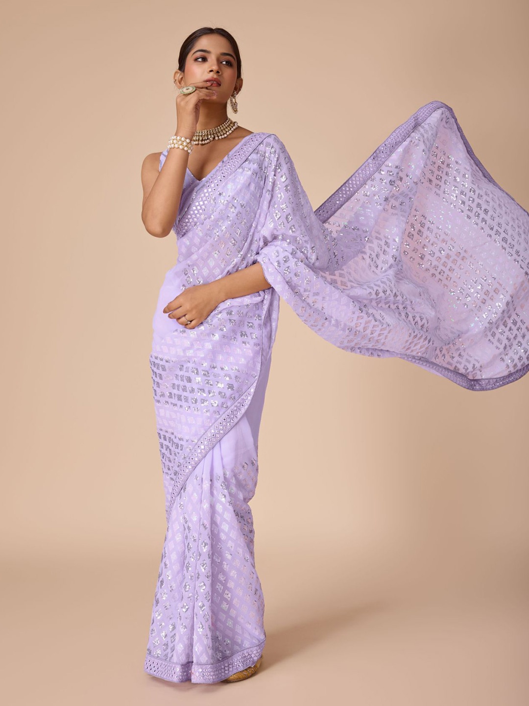 

House of Pataudi Embroidered Sequinned Poly Georgette Saree, Lavender