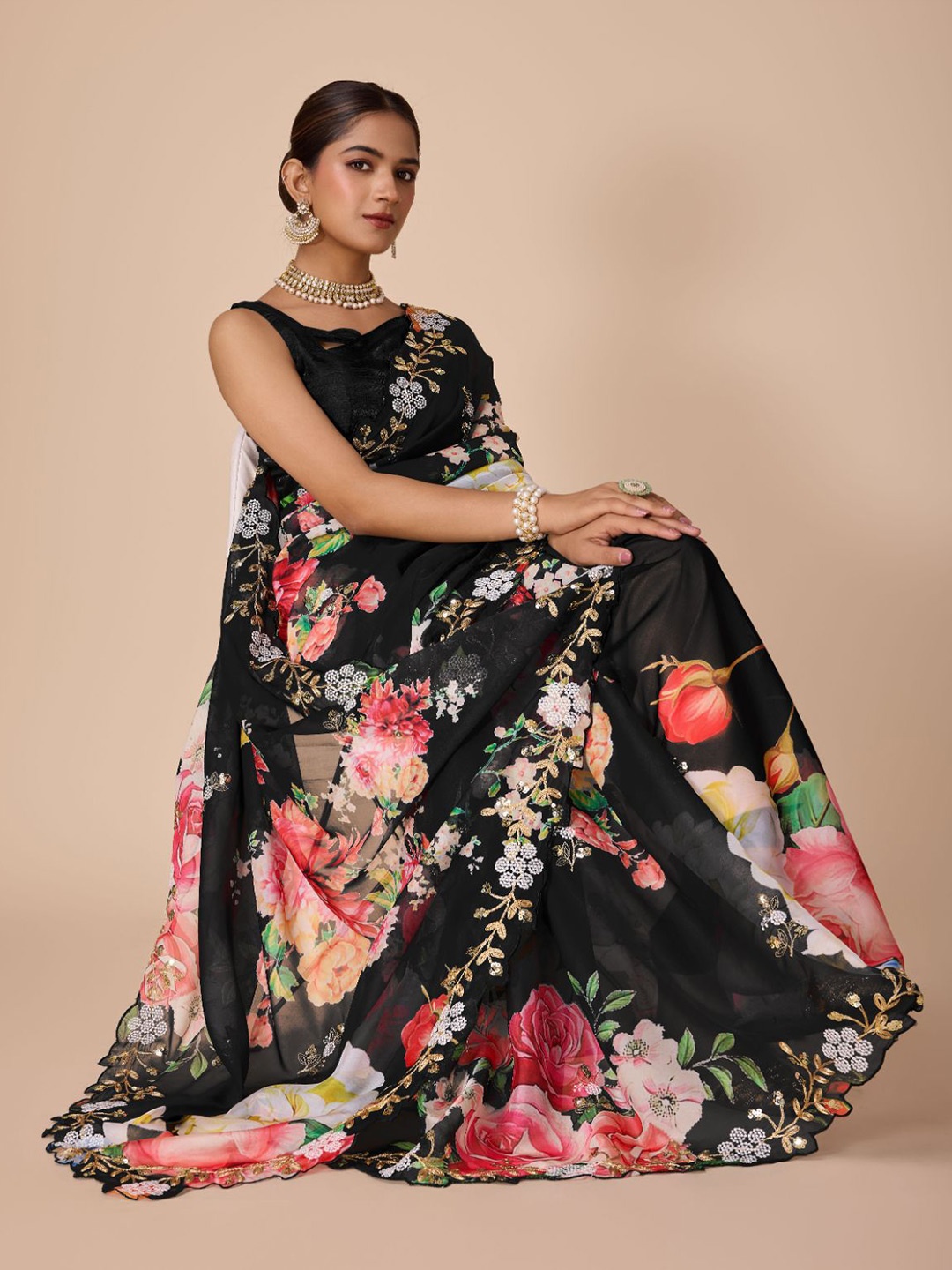 

House of Pataudi Floral Printed & Embroidered Saree With Blouse, Black