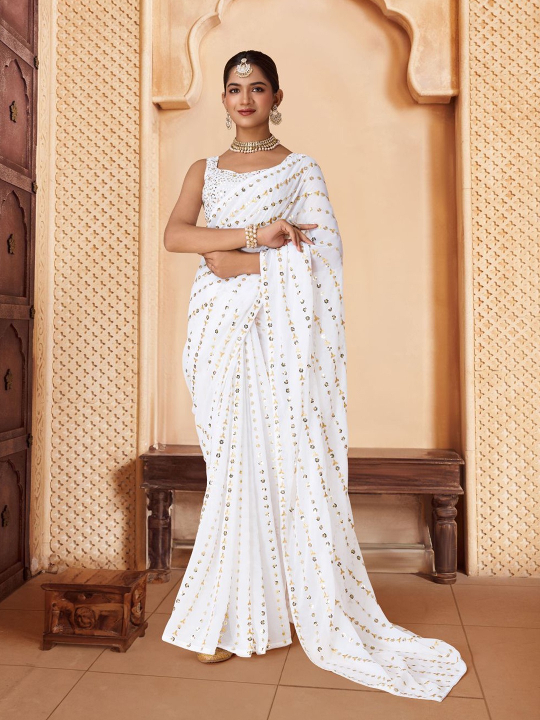 

House of Pataudi Women Embroidered Party Saree With Blouse Piece, White