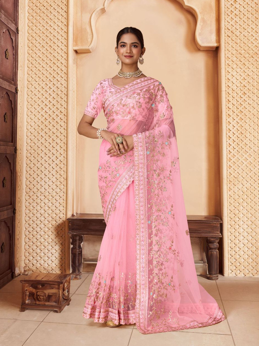 

House of Pataudi Women Embroidered Saree With Blouse Piece, Pink