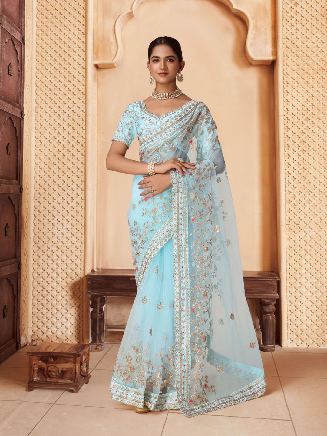 

House of Pataudi Embroidered Sequinned Net Saree, Blue