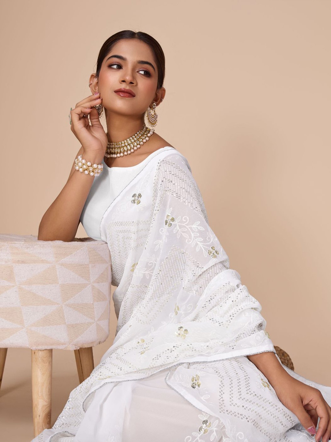 

House of Pataudi Sequence Embroidered Saree With Blouse, Off white