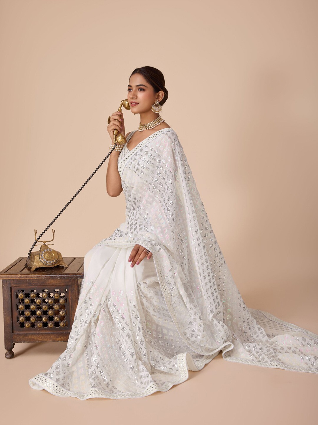 House of Pataudi Embroidered Sequinned Poly Georgette Saree, White