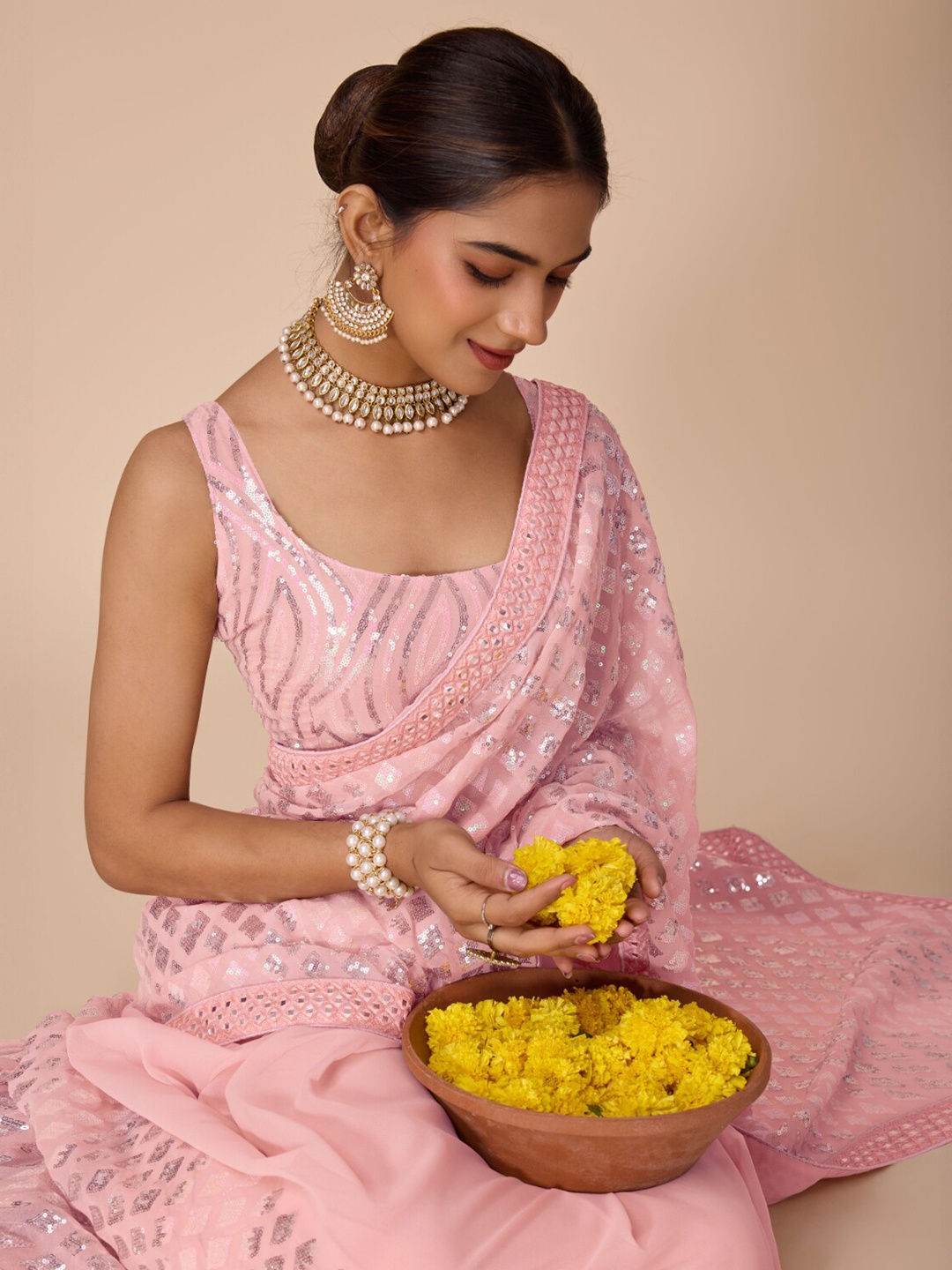 

House of Pataudi Embroidered Saree With Blouse Piece, Pink