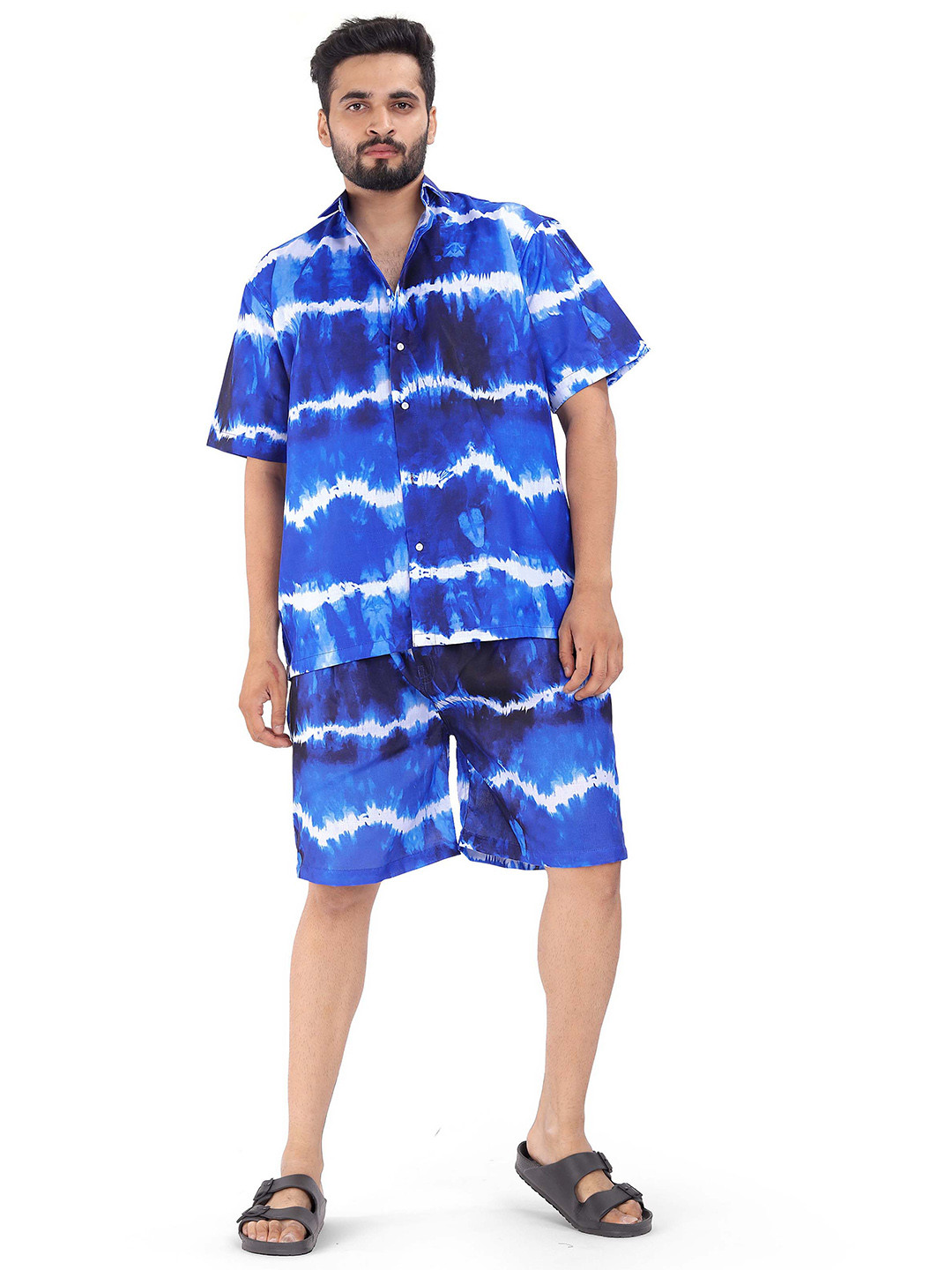 

BROWN BROTHERS Tie & Dyed Collar Neck Shirt & Shorts Co-ords, Blue