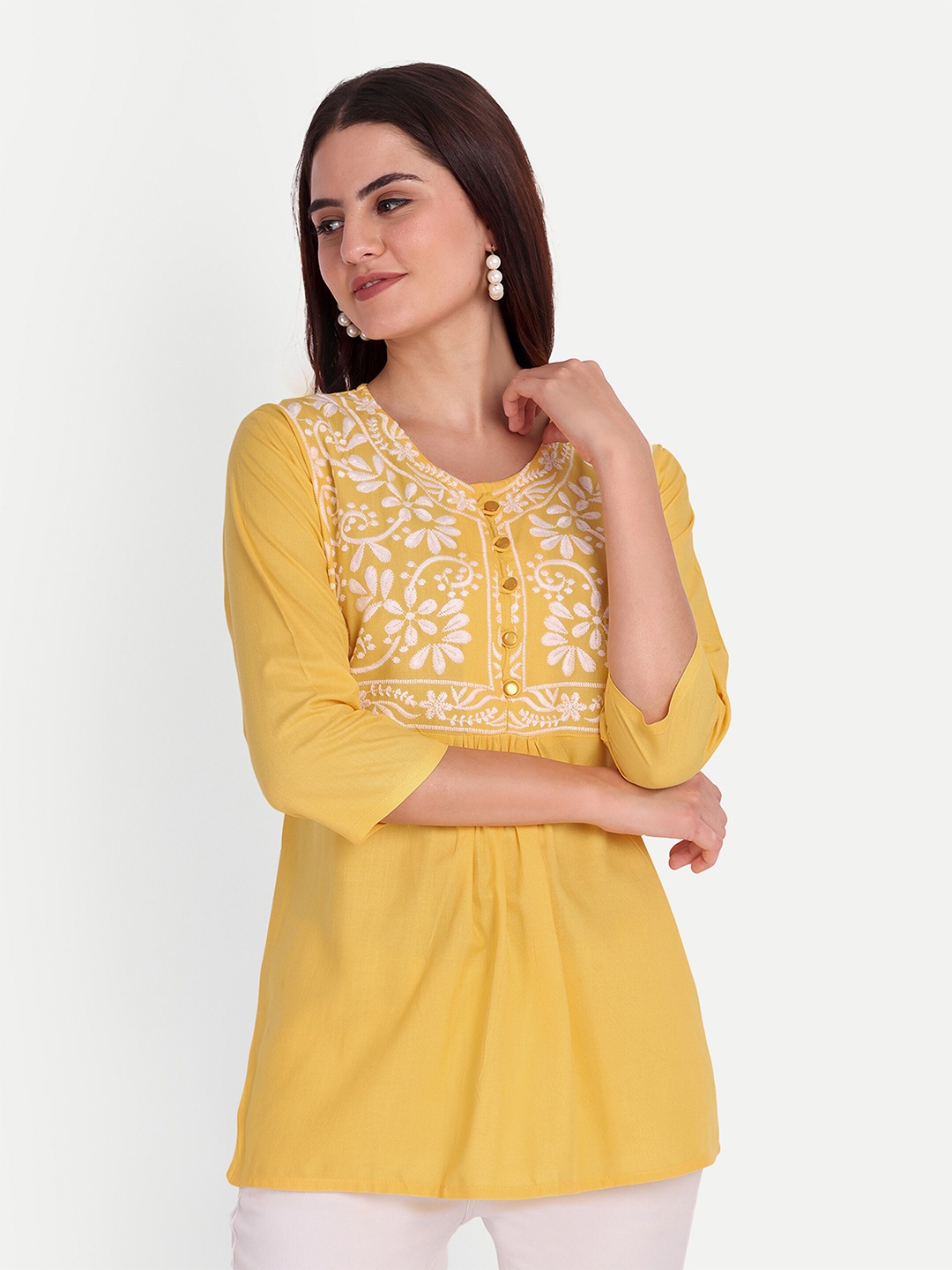 

FNOCKS Embroidered Round Neck Organic Cotton Top, Yellow