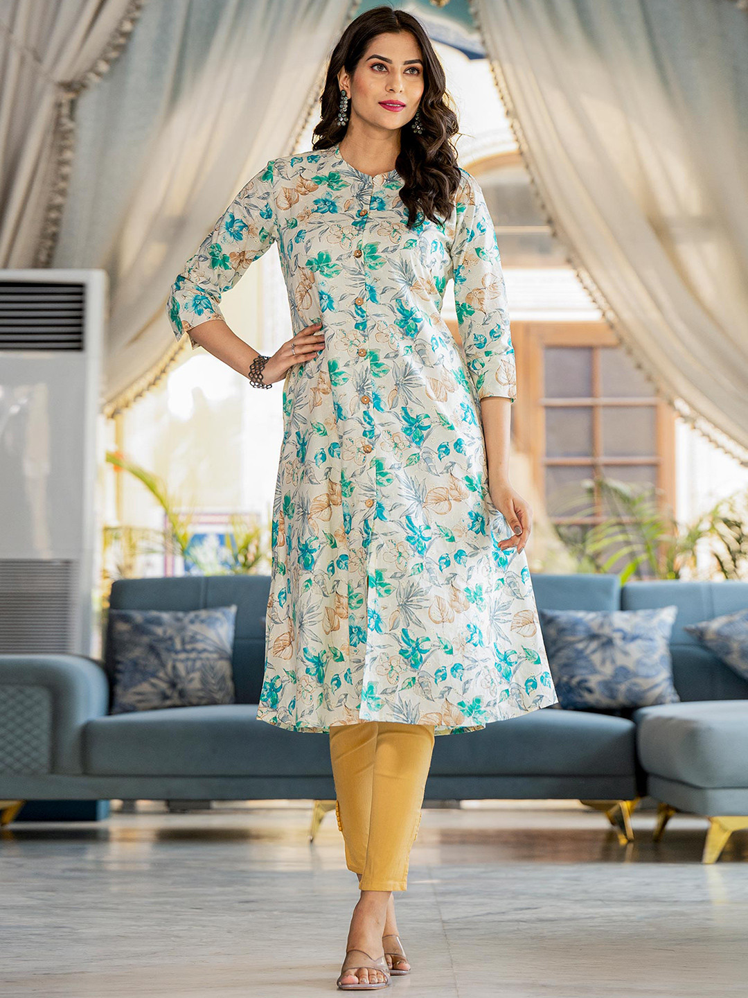 

Peachmode Floral Print A-Line Dress, Cream