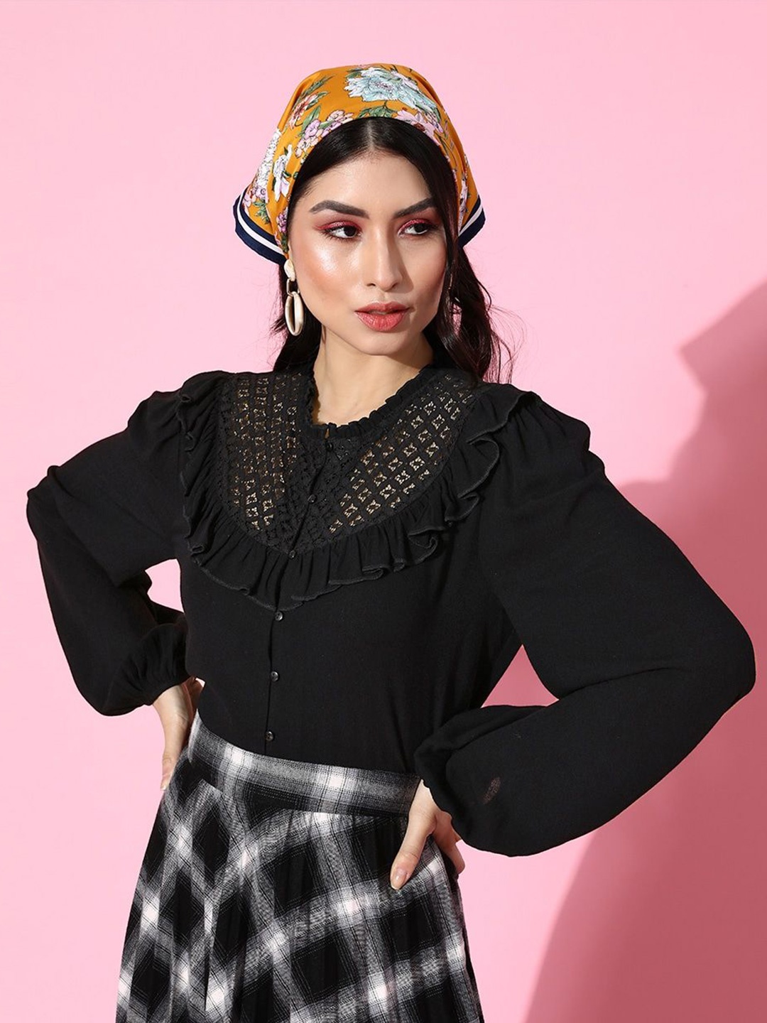 

EVERYDAY by ANI Round Neck Cuffed Sleeves Solid Top, Black