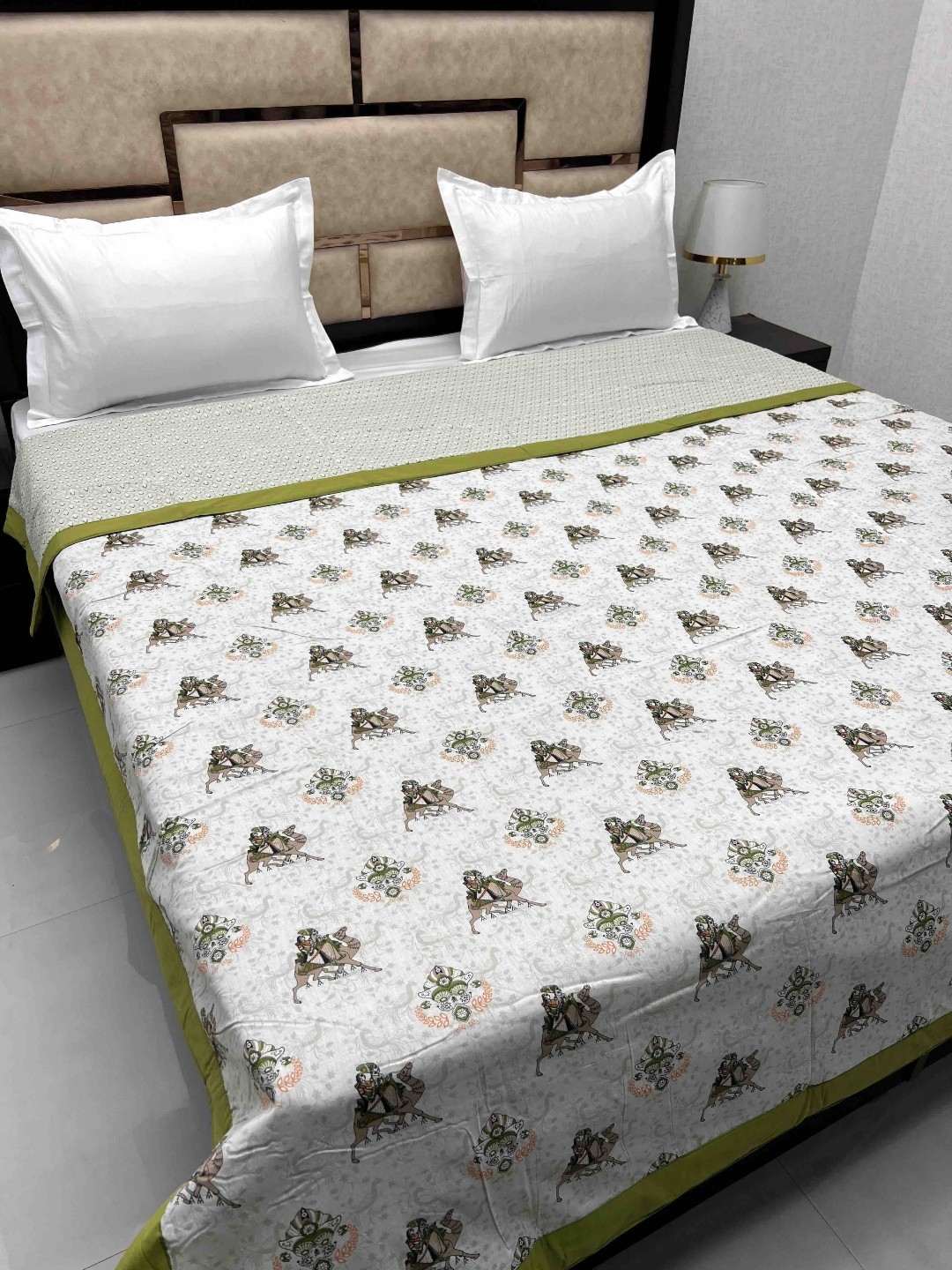 

Pure Decor Grey & Green Ethnic Motifs Cotton AC Room 233 GSM Double Bed Dohar