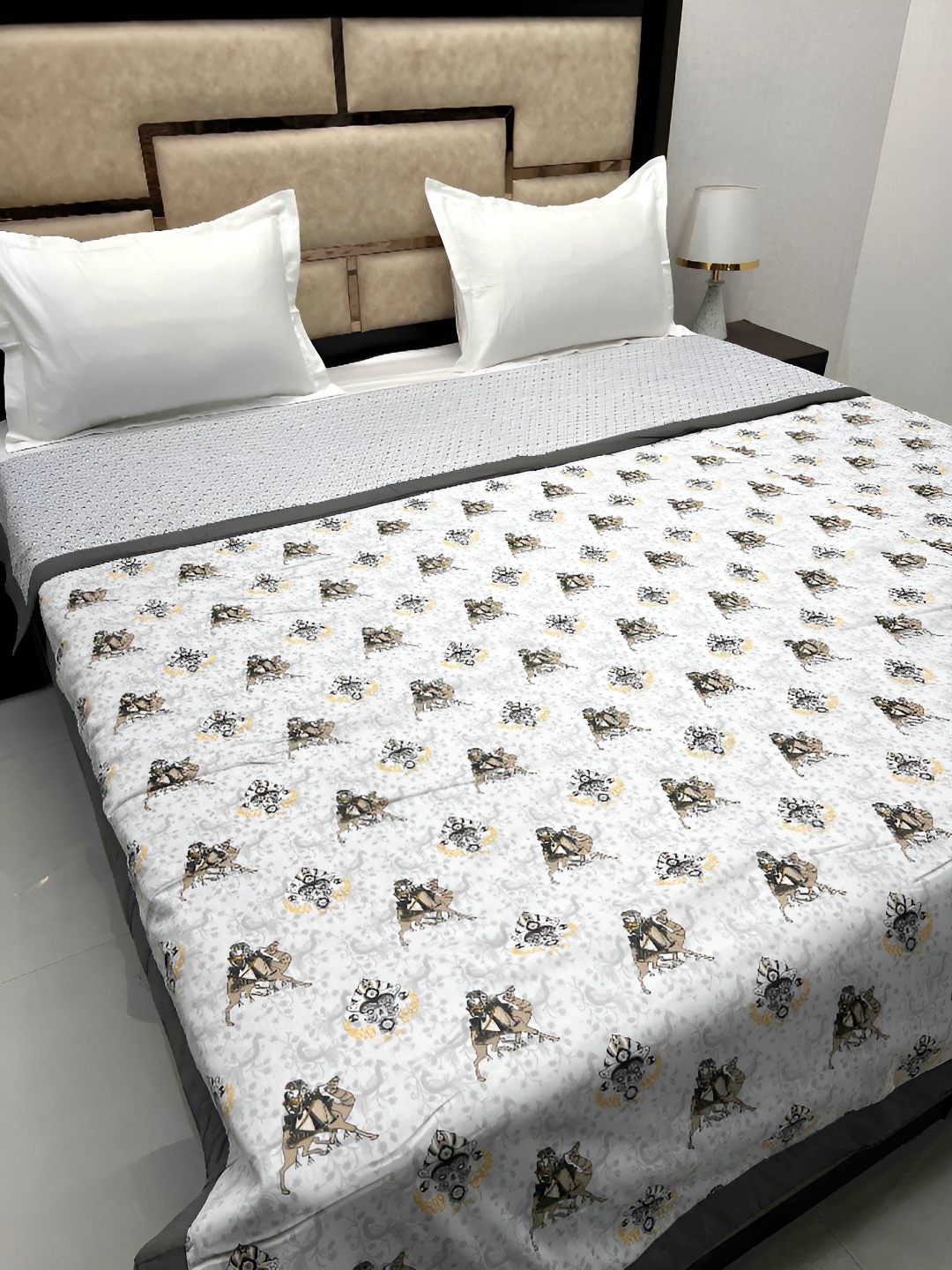 

Pure Decor Grey & White Ethnic Motifs Cotton AC Room 233 GSM Double Bed Dohar