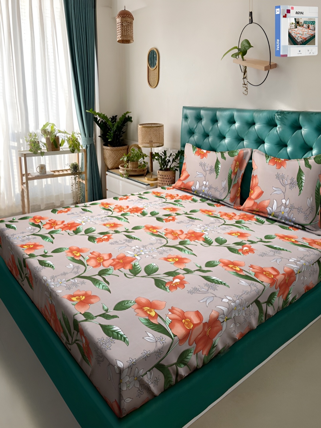 

KLOTTHE Beige Floral 300 TC Double King Bedsheet & 2 Pillow Covers