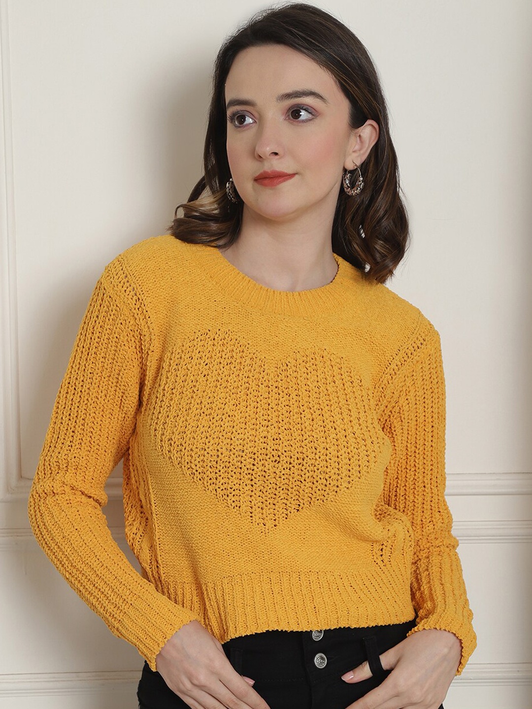

NoBarr Round Neck Cable Knit Crop Pullover, Yellow