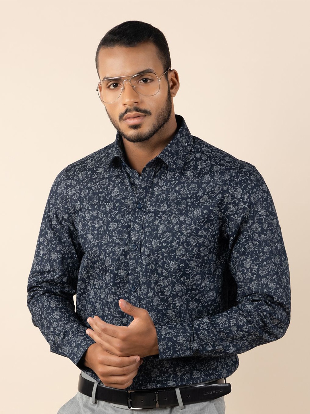

LOUIS STITCH Comfort Floral Printed Semi Spread Collar Pure Cotton Formal Shirt, Blue