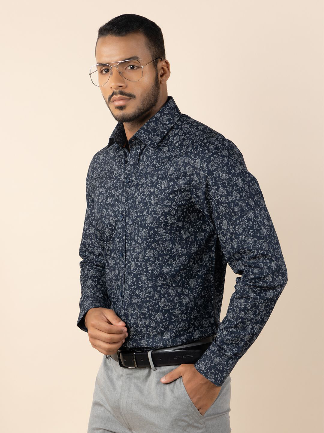 

LOUIS STITCH Comfort Floral Printed Semi Spread Collar Pure Cotton Formal Shirt, Blue