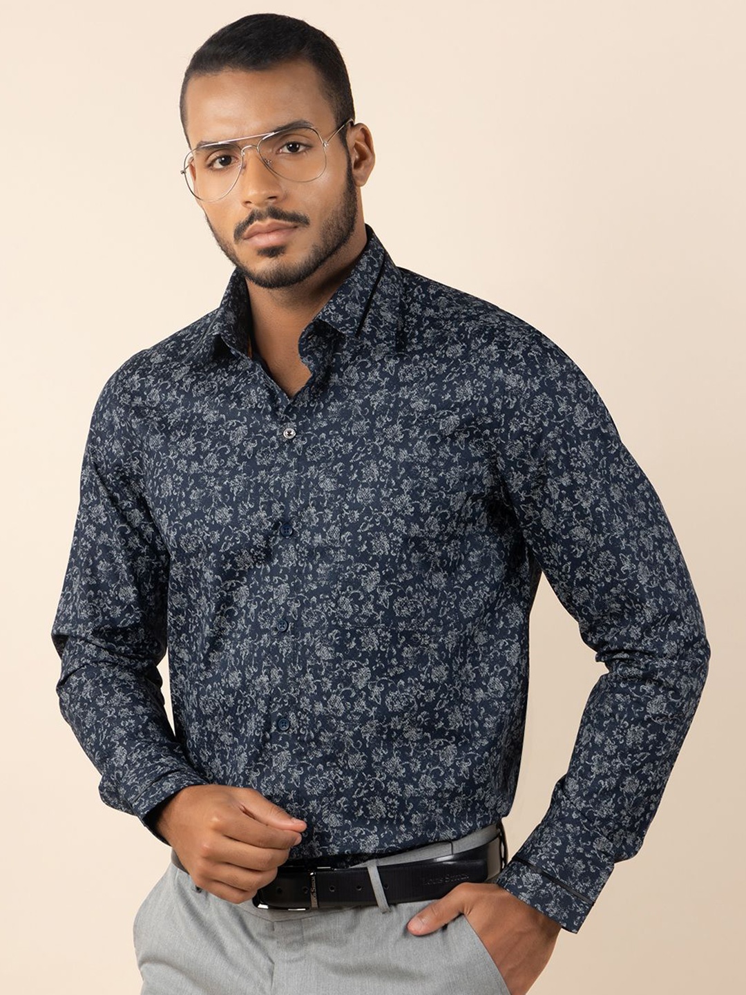 

LOUIS STITCH Comfort Floral Printed Cutaway Collar Pure Cotton Formal Shirt, Blue