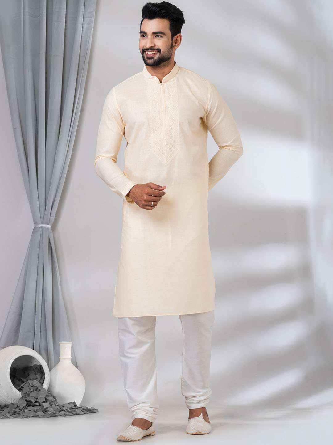 

HU - Handcrafted Uniquely Men Solid Thread Work Jacquard Kurta, Beige