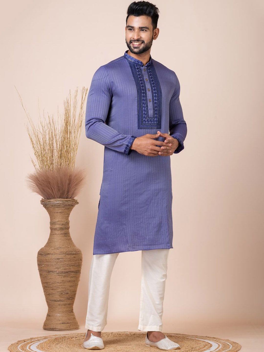 

HU - Handcrafted Uniquely Men Thread Work Jacquard Kurta, Blue