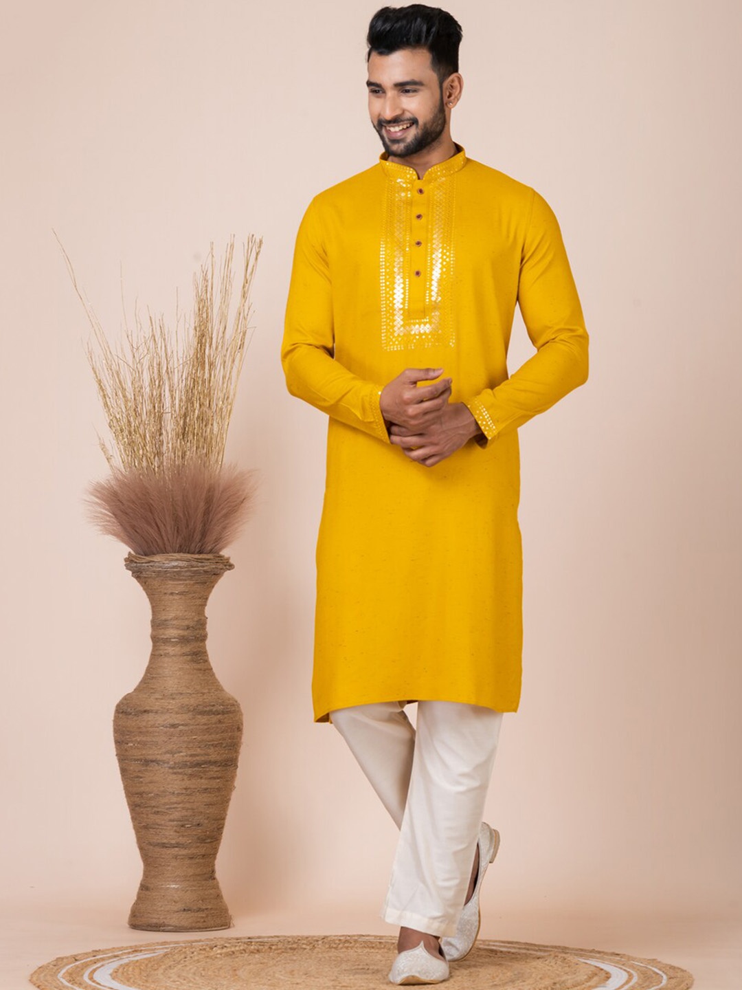 

HU - Handcrafted Uniquely Men Geometric Thread Work Kurta, Yellow