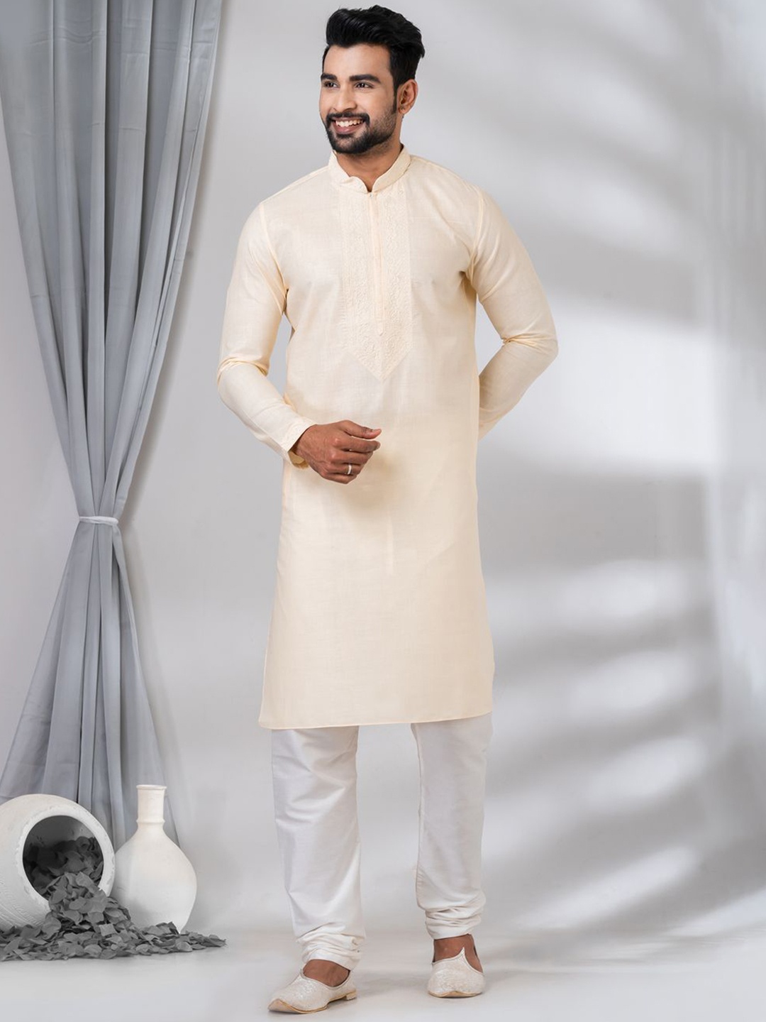 

HU - Handcrafted Uniquely Men Thread Work Kurta, Beige