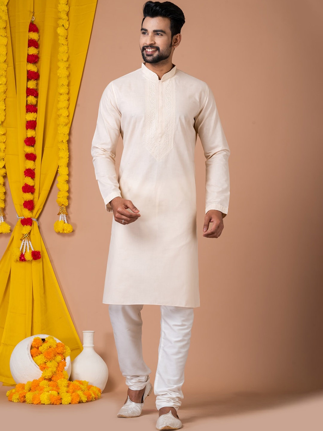 

HU - Handcrafted Uniquely Men Thread Work Kurta, Cream