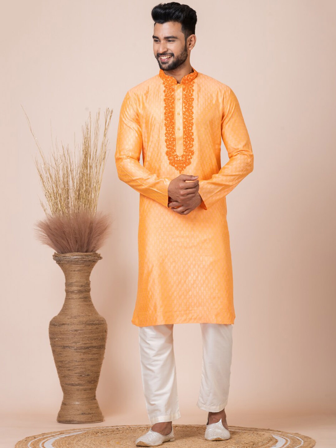 

HU - Handcrafted Uniquely Men Geometric Yoke Design Thread Work Jacquard Pathani Kurta, Orange