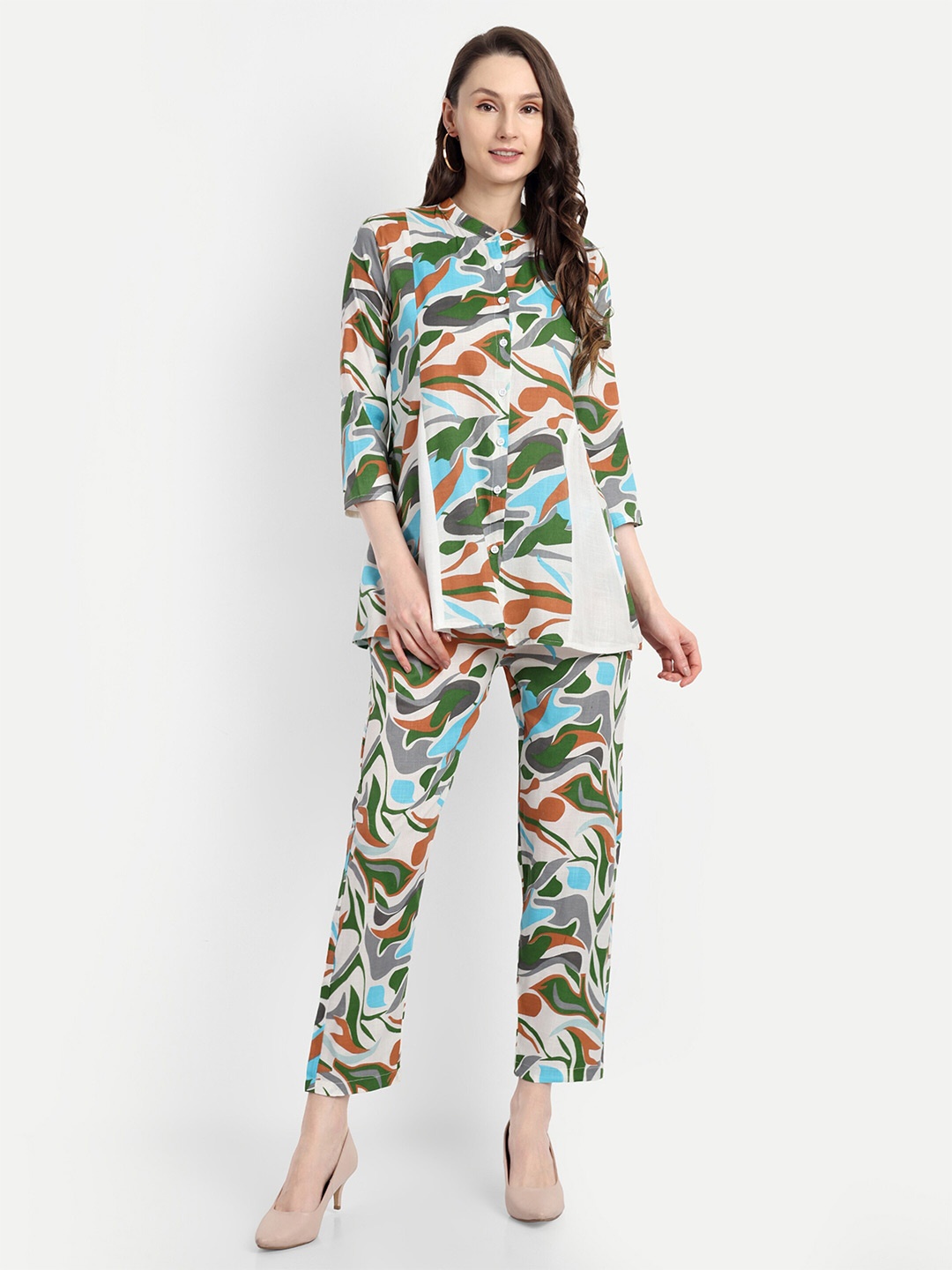 

FNOCKS Printed Mandarin Collar Organic Cotton Top with Trousers, Green
